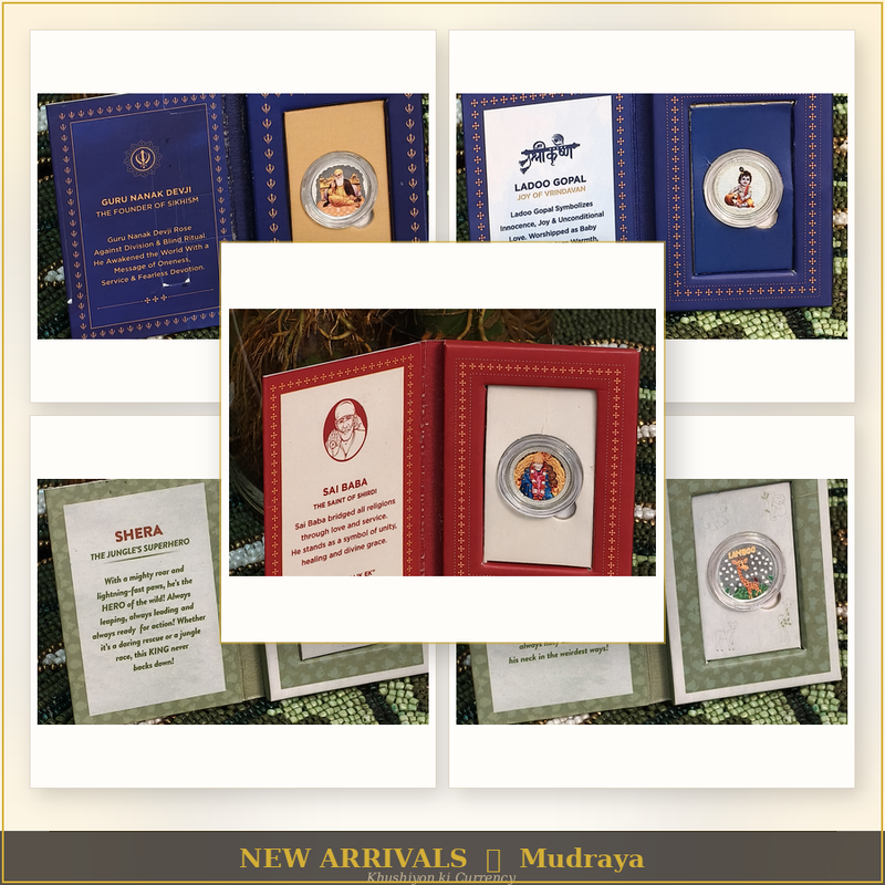 Mudraya new arrivals pure silver coin collection — Shera lion coin, Lamboo giraffe coin, Guru Nanak Devji coin, Ladoo Gopal coin and Sai Baba coin in premium book-style gift boxes with 999 pure silver