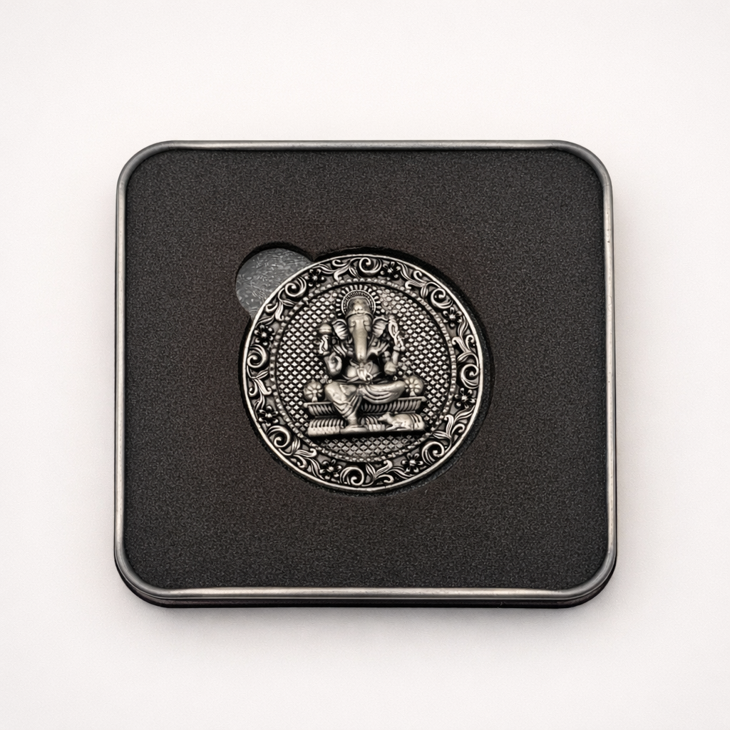 Premium 3D Ganesh Ji Silver Coin – 19 g Oxidized Finish