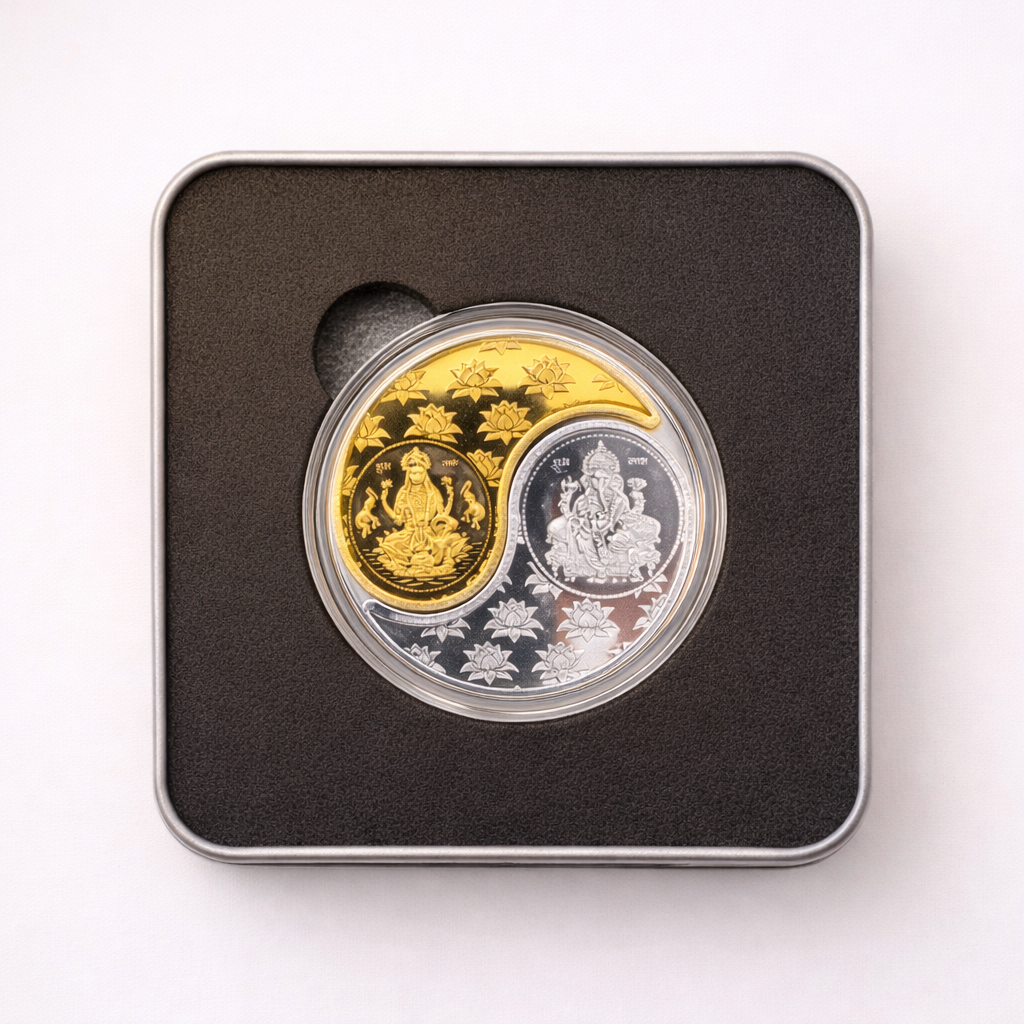 Ganesh Lakshmi Pure Silver Coin 10 Gram — 999 Silver | Gold Silver Finish
