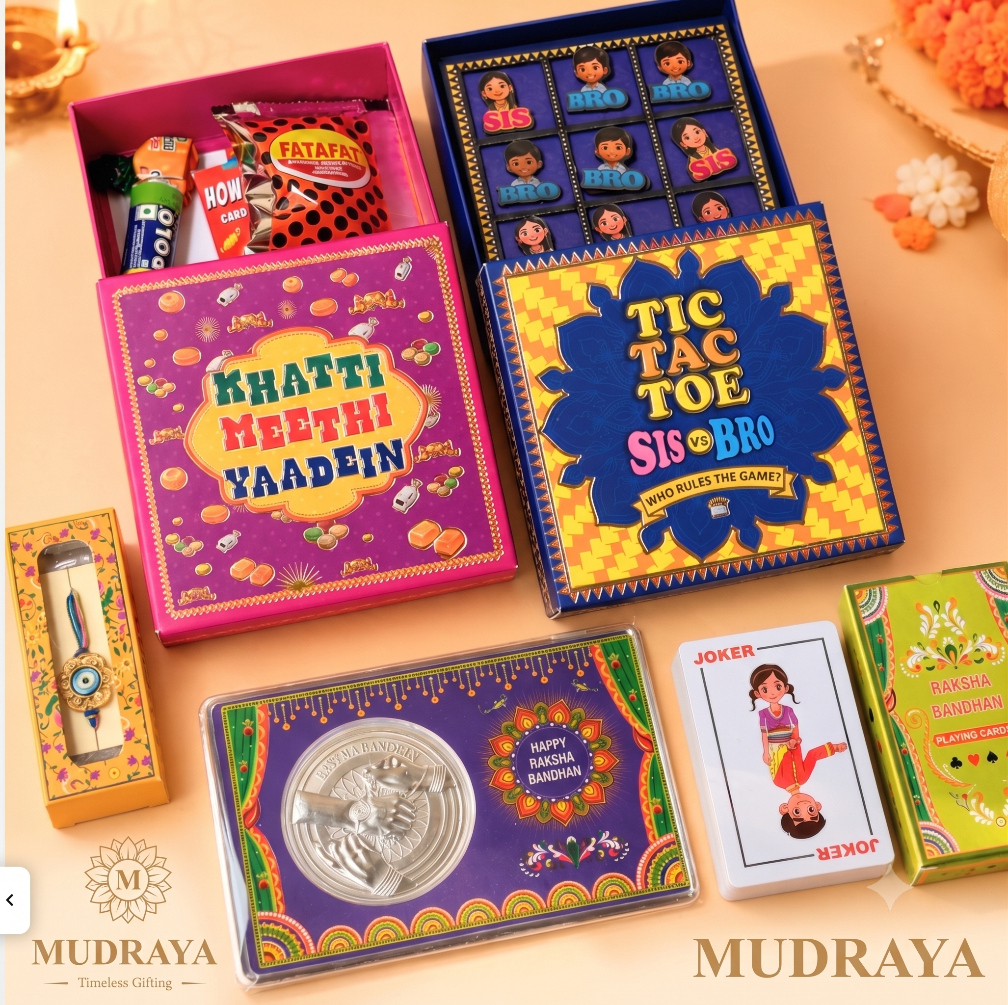 Bachpan Wala Rakhi Hamper — 999 Silver Coin, Rakhi, Tika, Cards & Nostalgic Chocolates