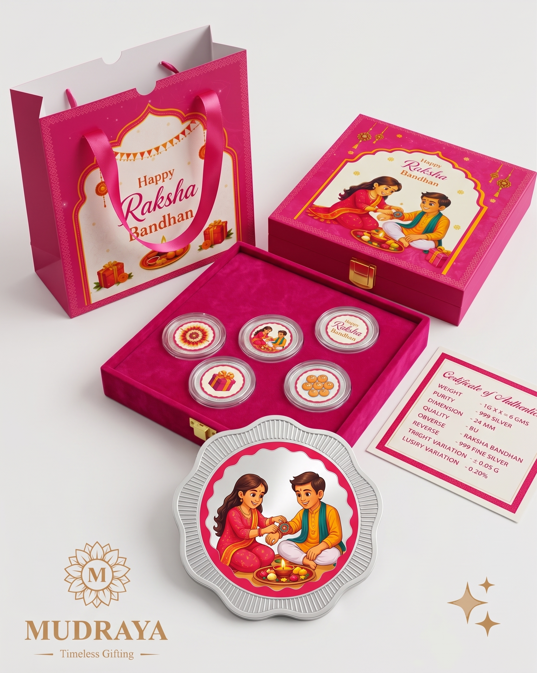Premium Rakhi Silver Coin Set — 6 Coins of Certified 999 Silver