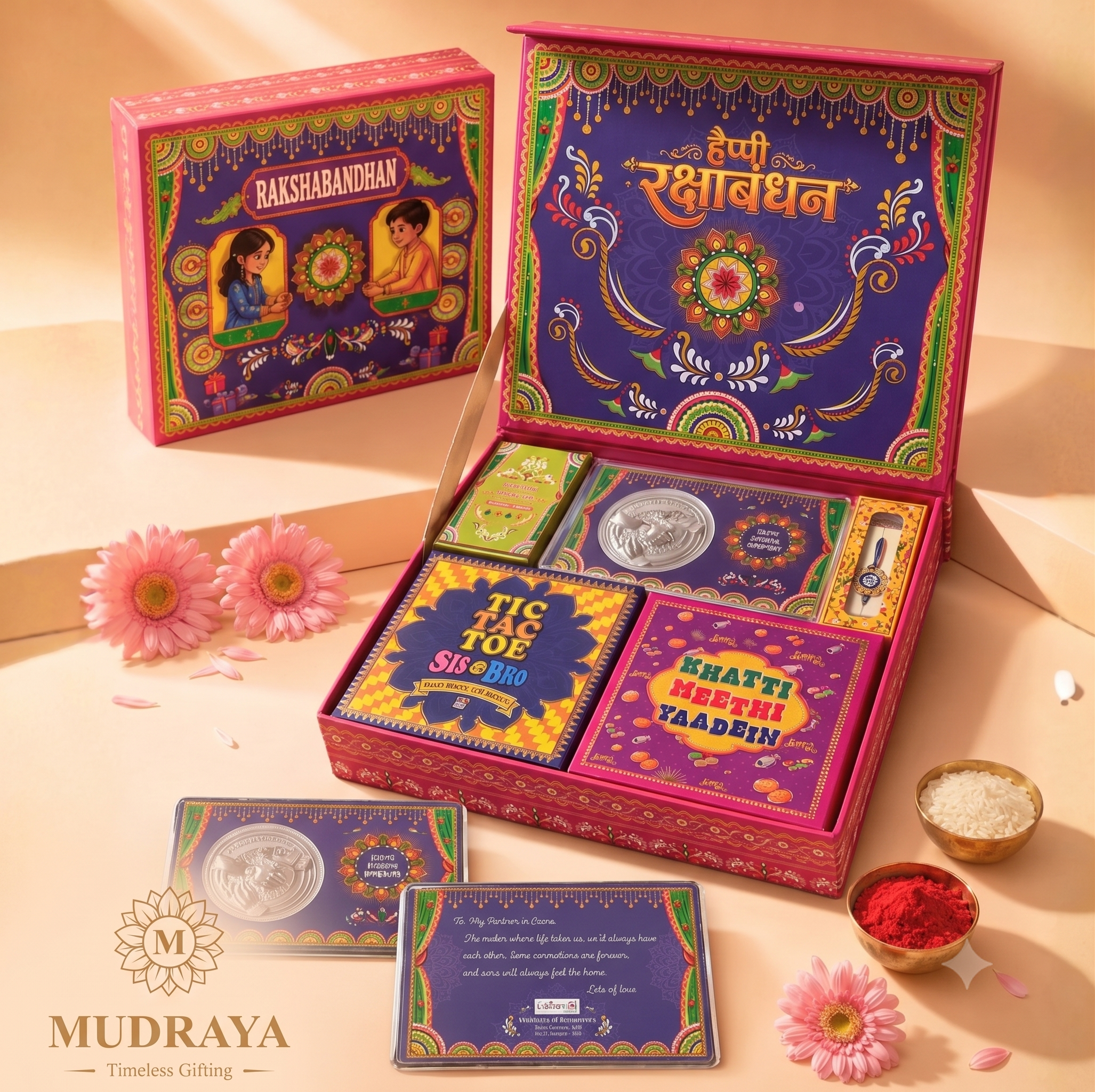Bachpan Wala Rakhi Hamper — 999 Silver Coin, Rakhi, Tika, Cards & Nostalgic Chocolates