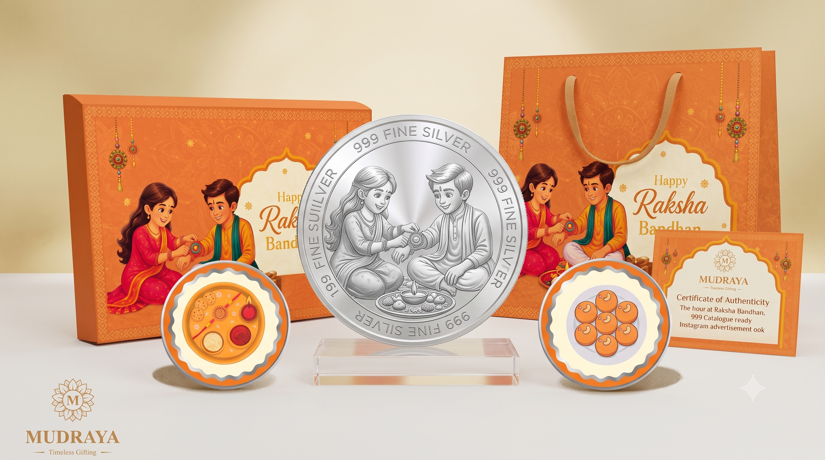 Rakhi Silver Coin Set — 6 Coins of Certified 999 Silver (Orange & Pink)