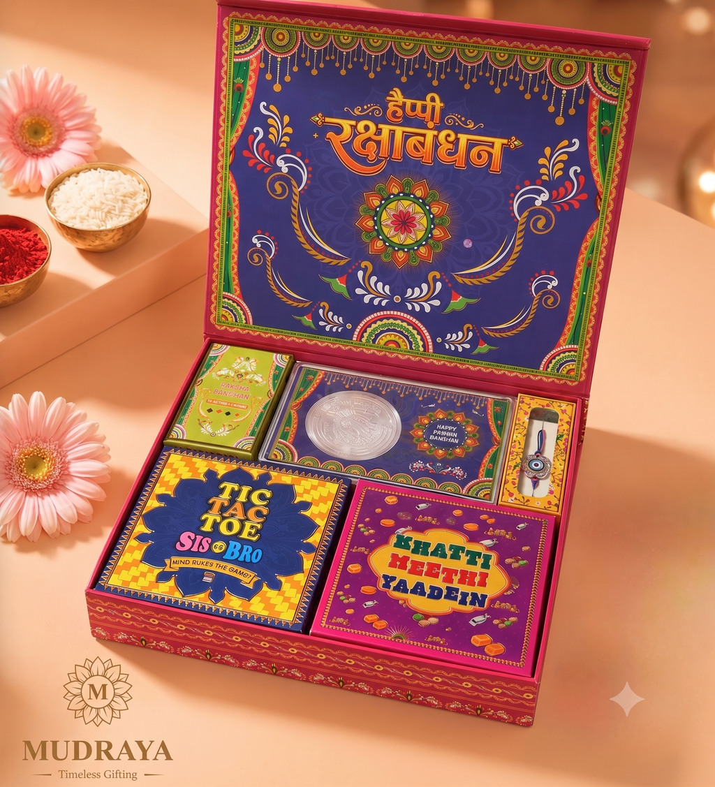 Bachpan Wala Rakhi Hamper — 999 Silver Coin, Rakhi, Tika, Cards & Nostalgic Chocolates