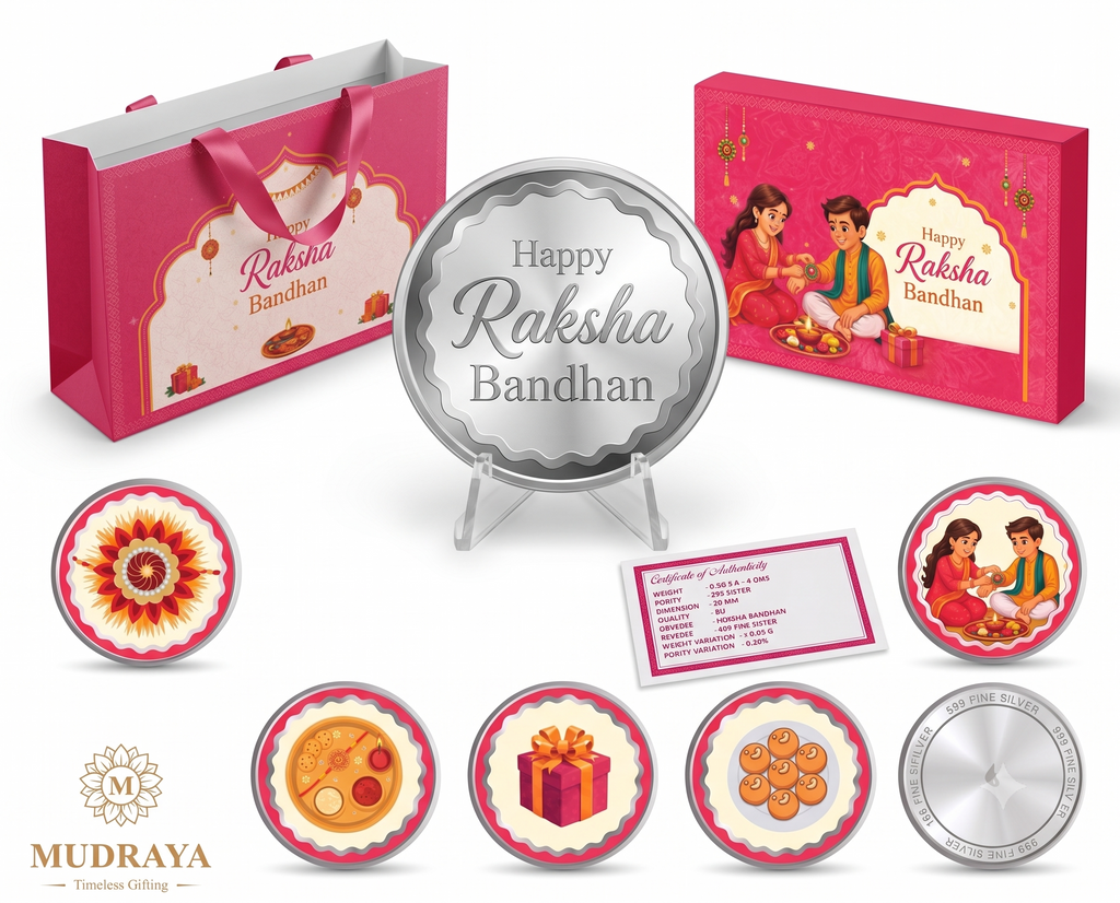 Rakhi Silver Coin Set — 6 Coins of Certified 999 Silver (Orange & Pink)