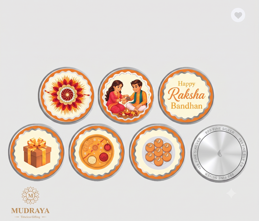 Rakhi Silver Coin Set — 6 Coins of Certified 999 Silver (Orange & Pink)