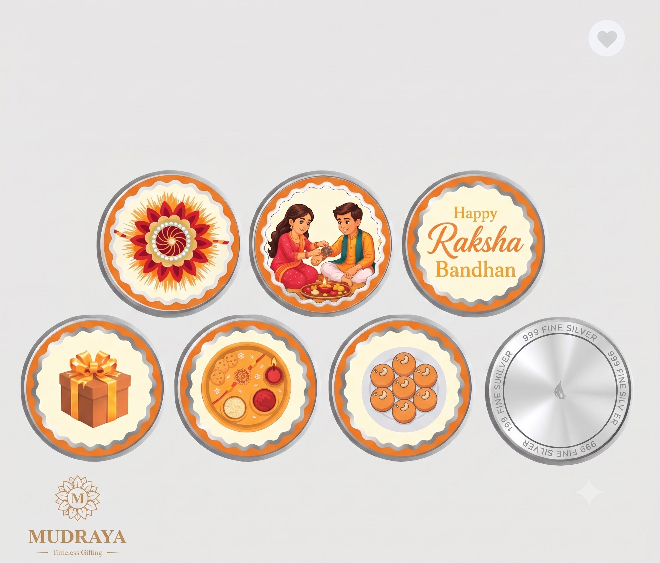 Rakhi Silver Coin Set — 6 Coins of Certified 999 Silver (Orange & Pink)