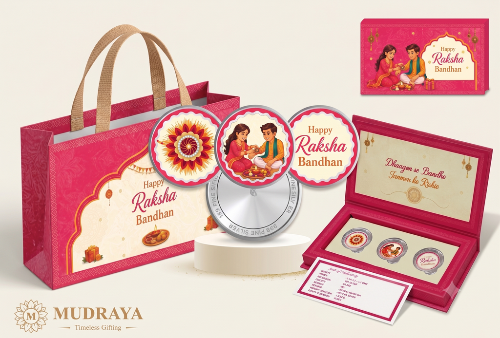 Rakhi Silver Coin Set — 3 Coins of Certified 999 Silver (Orange & Pink) for Kids