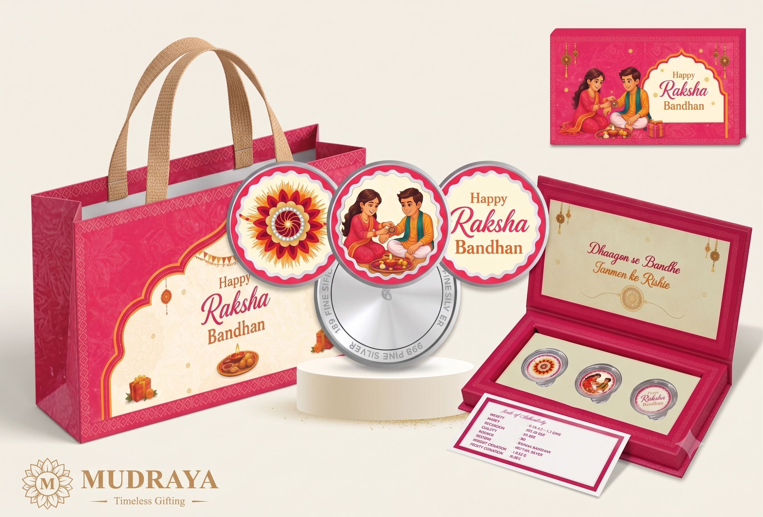 Rakhi Silver Coin Set — 3 Coins of Certified 999 Silver (Orange & Pink) for Kids