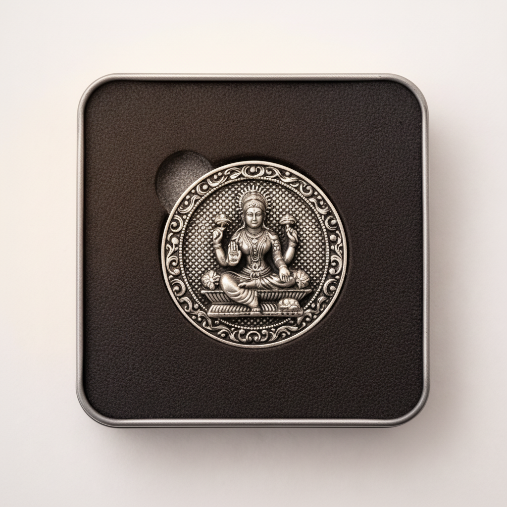 Premium 3D Laxmi Ji Silver Coin – 46g Oxidized Finish