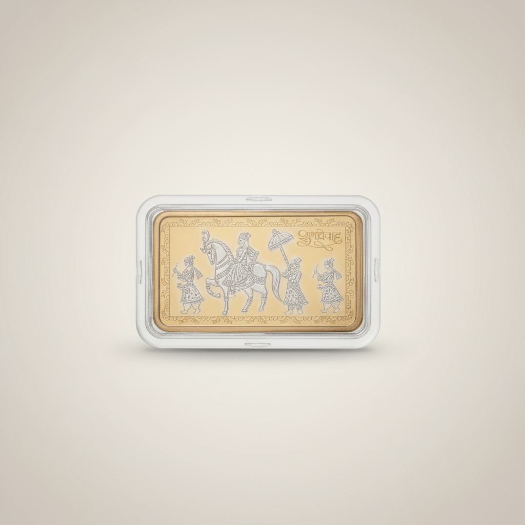 Shubh Vivah Barat Gold Bar — 10 Gram | 999 Pure Silver with Gold Finish | Wedding Gift Box